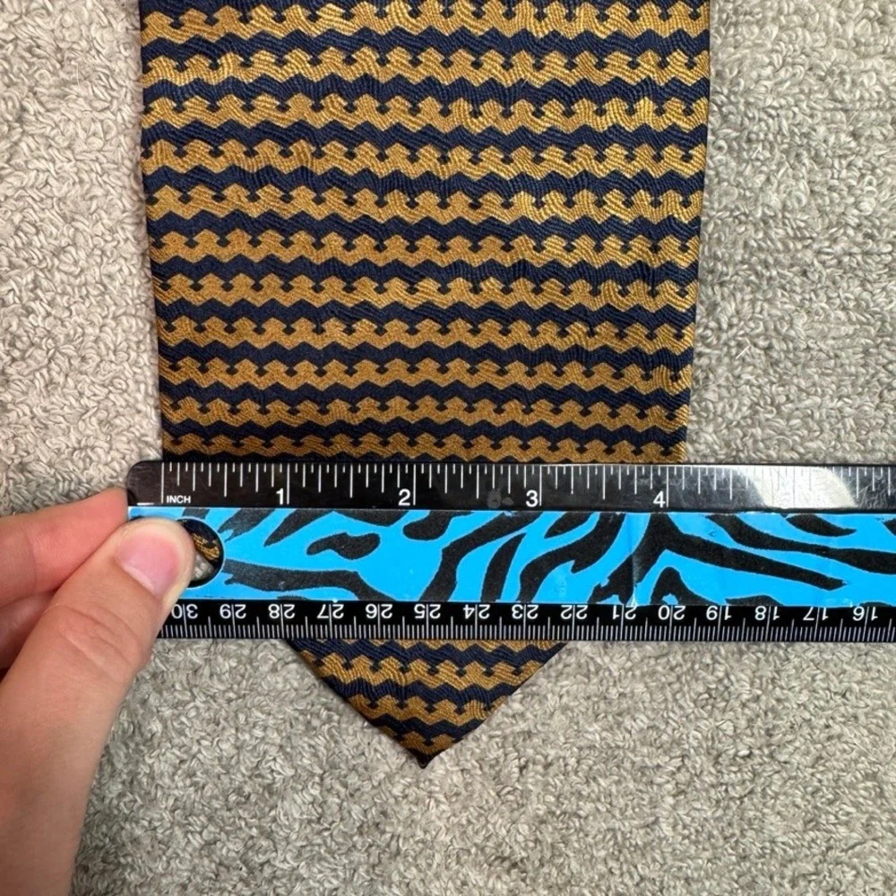 Tied & True Mens Silk Tie Navy Blue Gold Geometric Zig Zag Pattern Handmade